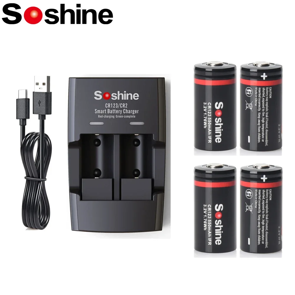 Soshine LiFePO4 RCR123 550 mAh Akku und intelligentes LiFePO4-Ladegerät 3,2 V 550 mAh 16340 wiederaufladbarer Akku 2000 Zeitausflusszyklus Image
