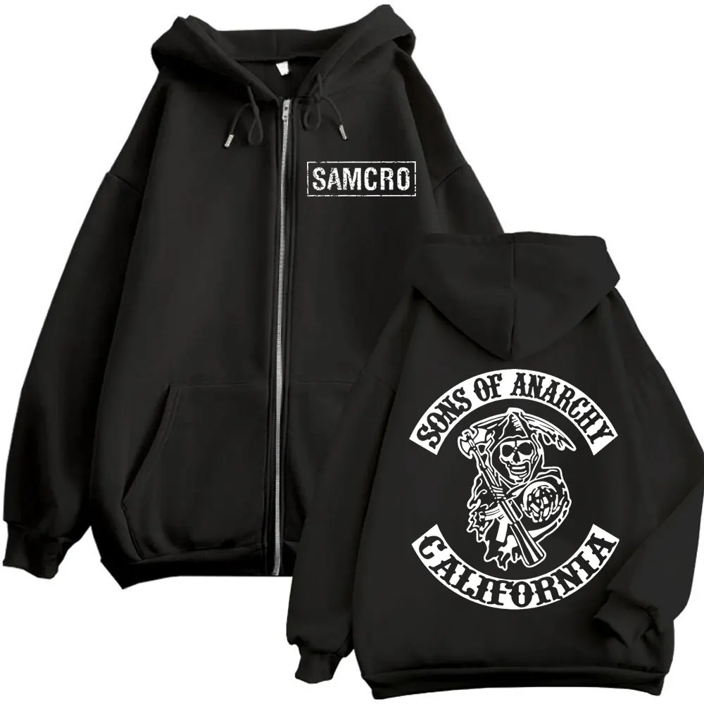 Sons of Anarchy Doppelseitiger Druck-Reißverschluss-Hoodie für Herren und Damen, Gothic-Vintage-Sweatshirt mit Reißverschluss, lässige Mode, übergroße Pullover