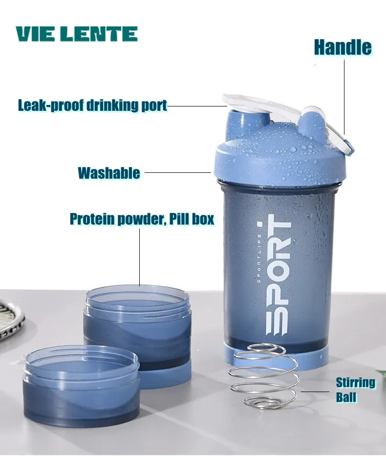 500 ml 3-schicht Sport Wasser Protein Pulver Shaker Flasche Outdoor Reise Tragbare Auslaufsicher Drink Kunststoff Getränk BPA FREI Image