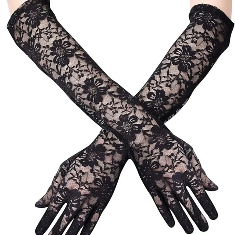 Frauen 40 cm Lange Spitze Große Blumen Handschuhe Sheer Mesh Schwarz Weiß Prom Party Hochzeit Handschuhe Elegante Weibliche Mode Punk goth Handschuh