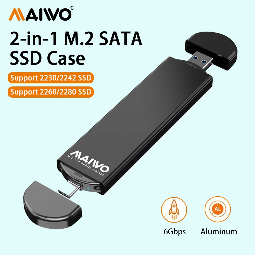 MAIWO M.2 SATA SSD-Gehäuse NGFF SSD-Case 2-in-1 Typ-C USB3.0 5Gbps SSD-Adapter Unterstützt 2230/2242/2260/2280 Aluminium-Gehäuse Image
