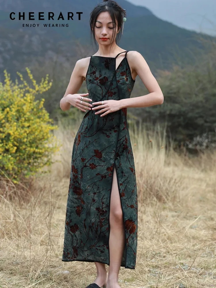 CHEERART Beflockung Floral Grün Vintage Lange Kleider Frau Cheongsam Sommer Backless A-linie Side Split Midi Slip Kleid Designer