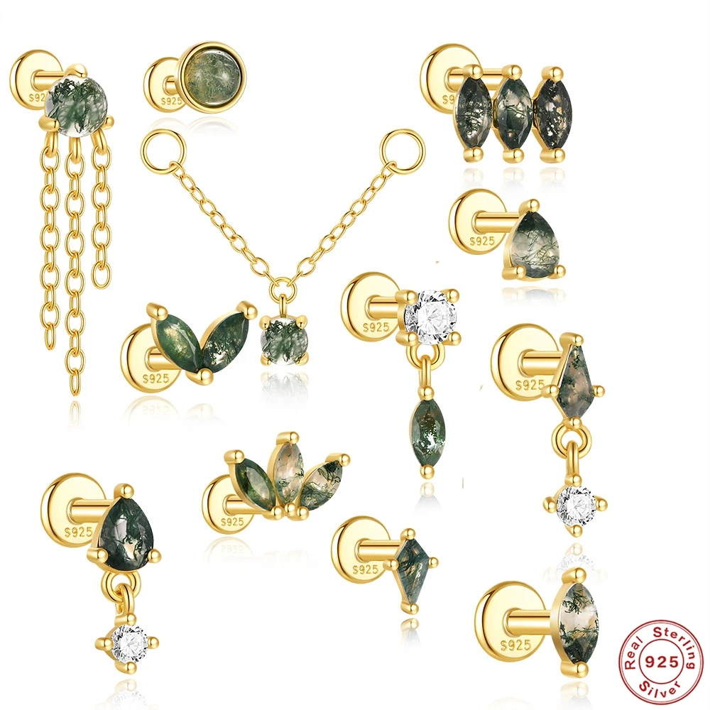 AIDE 925 Sterling Silber 12 Arten Dunkle Farbe Grüner Achat Ohrstecker Kleine Alltagskleidung Ohrknochen Piercing Ohrstecker Schmuck 1 Stück