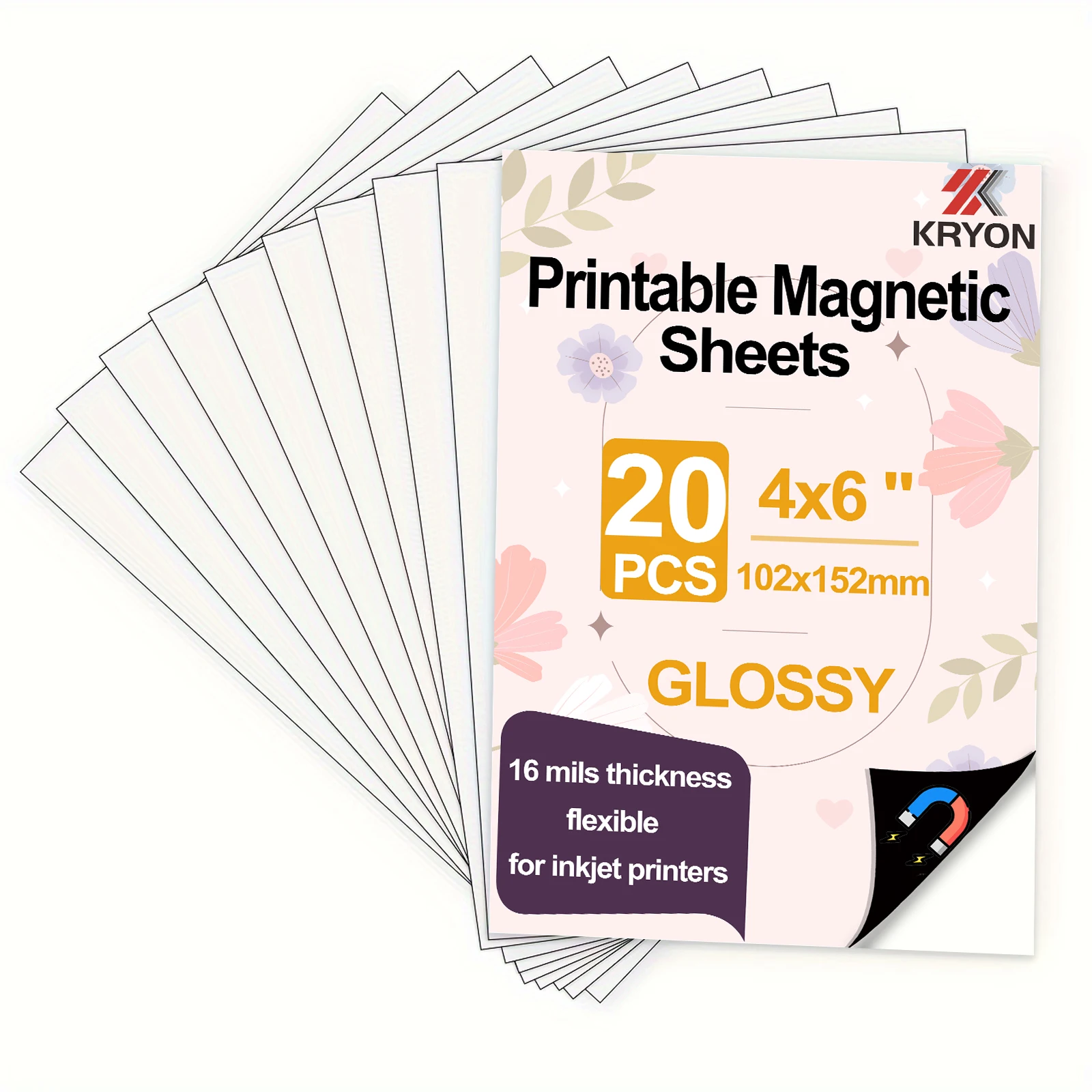 KRYON 20 Stück 4 x 6 Zoll 152 x 102 mm glänzend bedruckbare Magnetfolien, 16 Mil dickes Magnet-Fotopapier für Tintenstrahldrucker Image