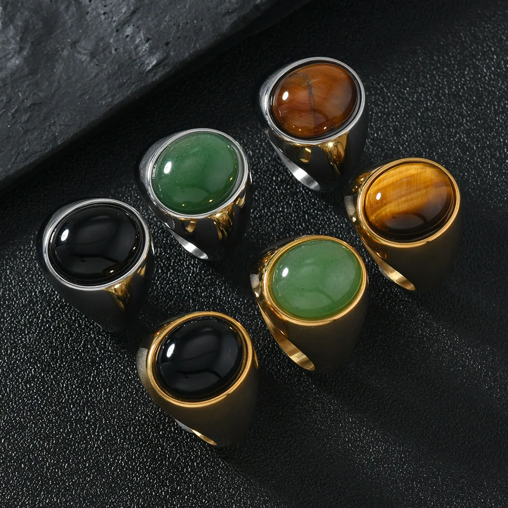 HNSP 316L Edelstahl Oval Naturstein Ring Für Männer Frauen Finger Vintage-Schmuck Schwarz Grün Tigerauge Männliche Ringe