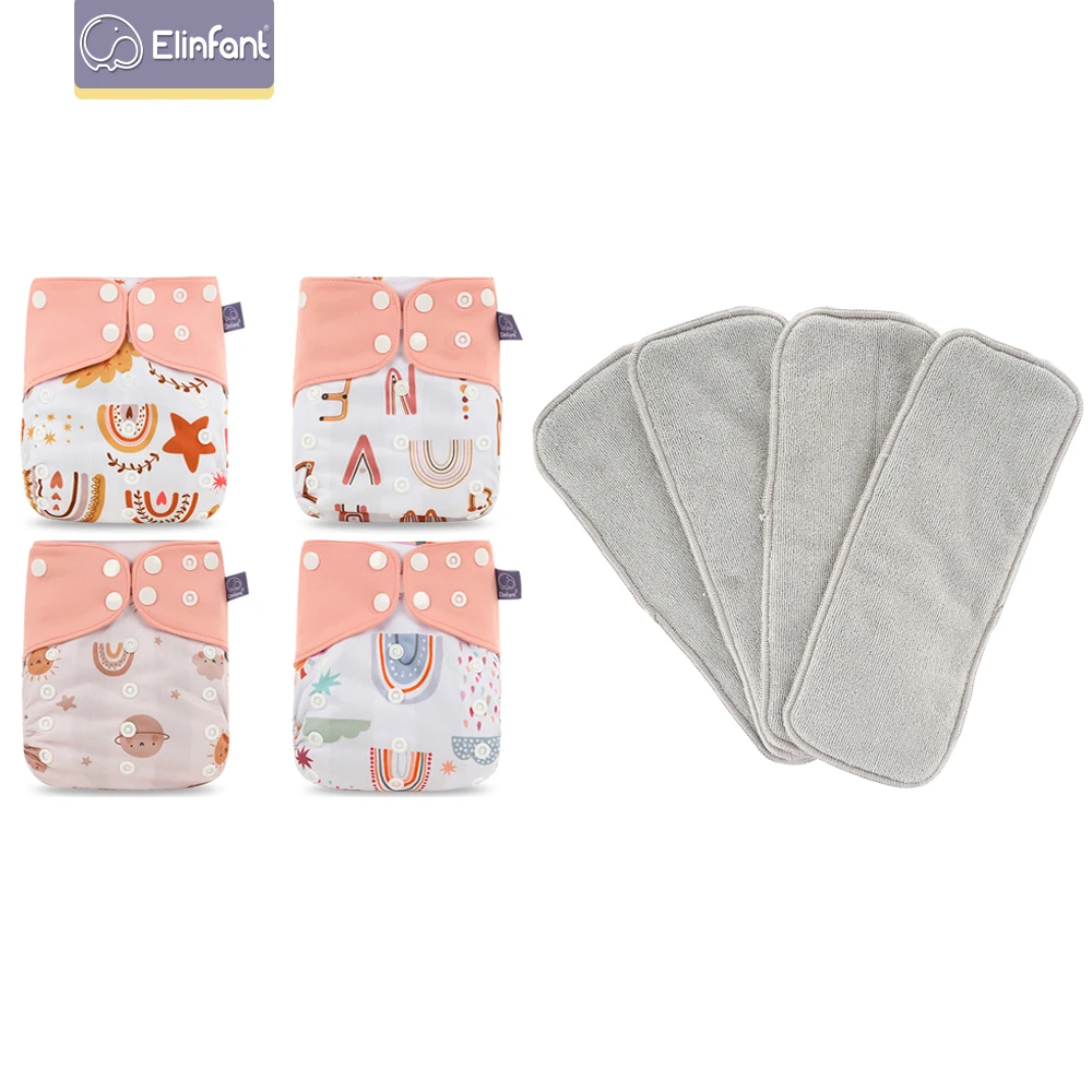 Elinfant 4 Windeln mit 4 Saugfähigen, graues Netzgewebe, Einheitsgröße für Babys von 3–15 kg, waschbare, umweltfreundliche Baby-Stoffwindel Image