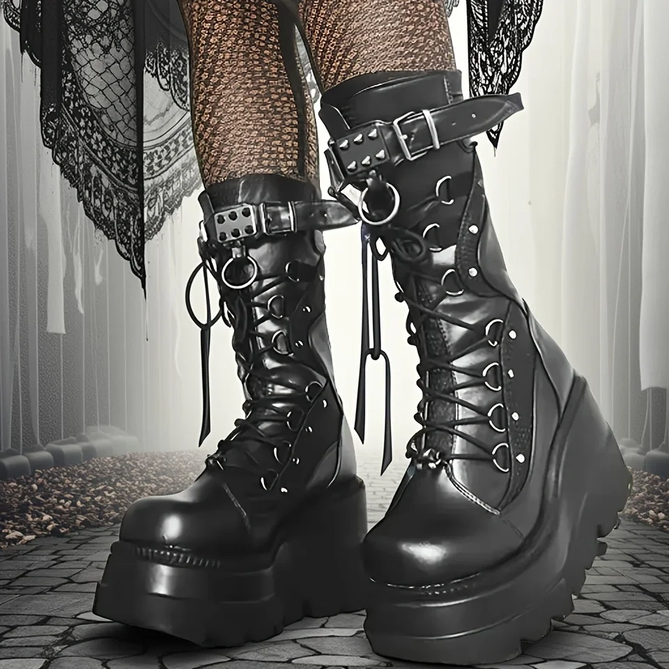 Marke Neue Damen Goth Plattform Stiefel Mode Niet Schnalle Punk Keile High Heels frauen Stiefel Party Straße Cosplay Frau Schuhe