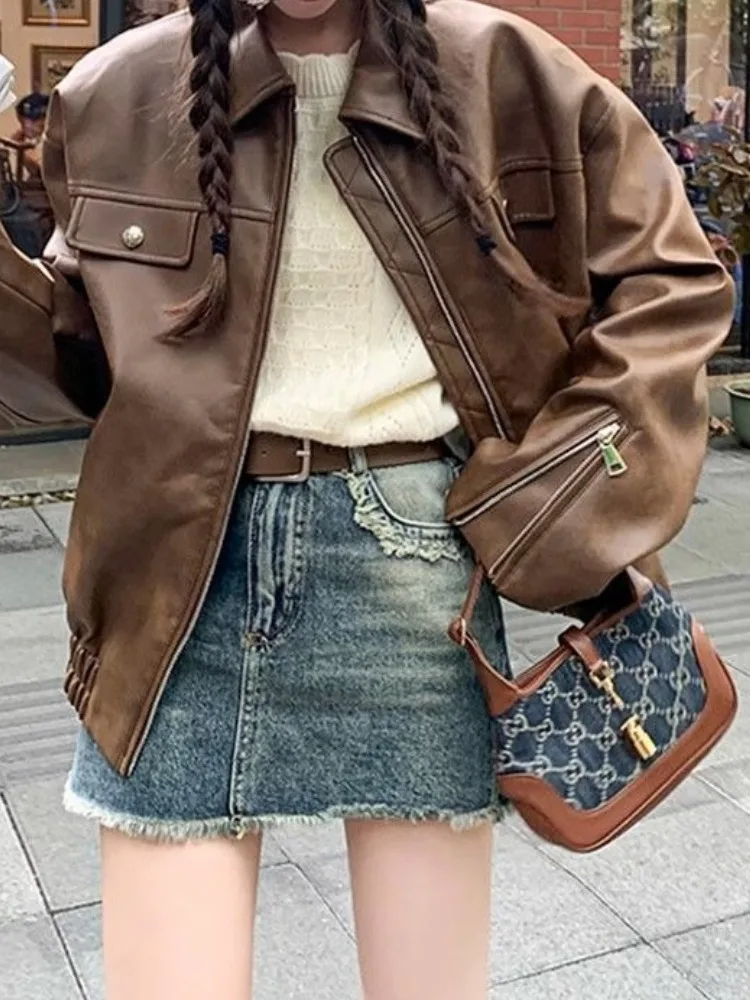 Braun Große Tasche Biker Leder Jacke Frauen Casual Vintage Streetwear Zipper Leder Jacke Weibliche Mode Koreanische Moto Mantel