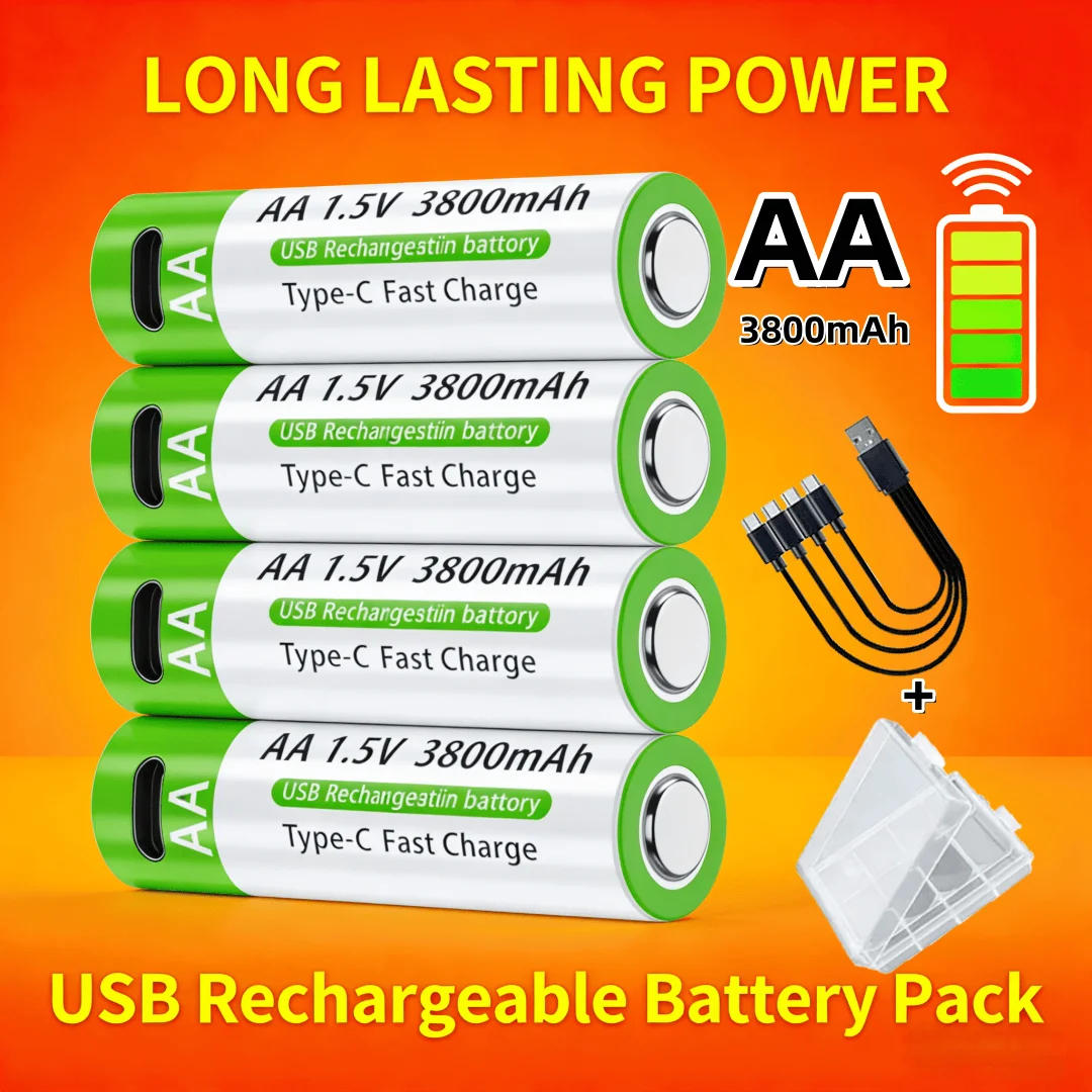 NEUE 3800 mAh 1,5 V Lithium-Ionen-AA-USB-Akkus mit Datenkabel und Aufbewahrungsbox Image