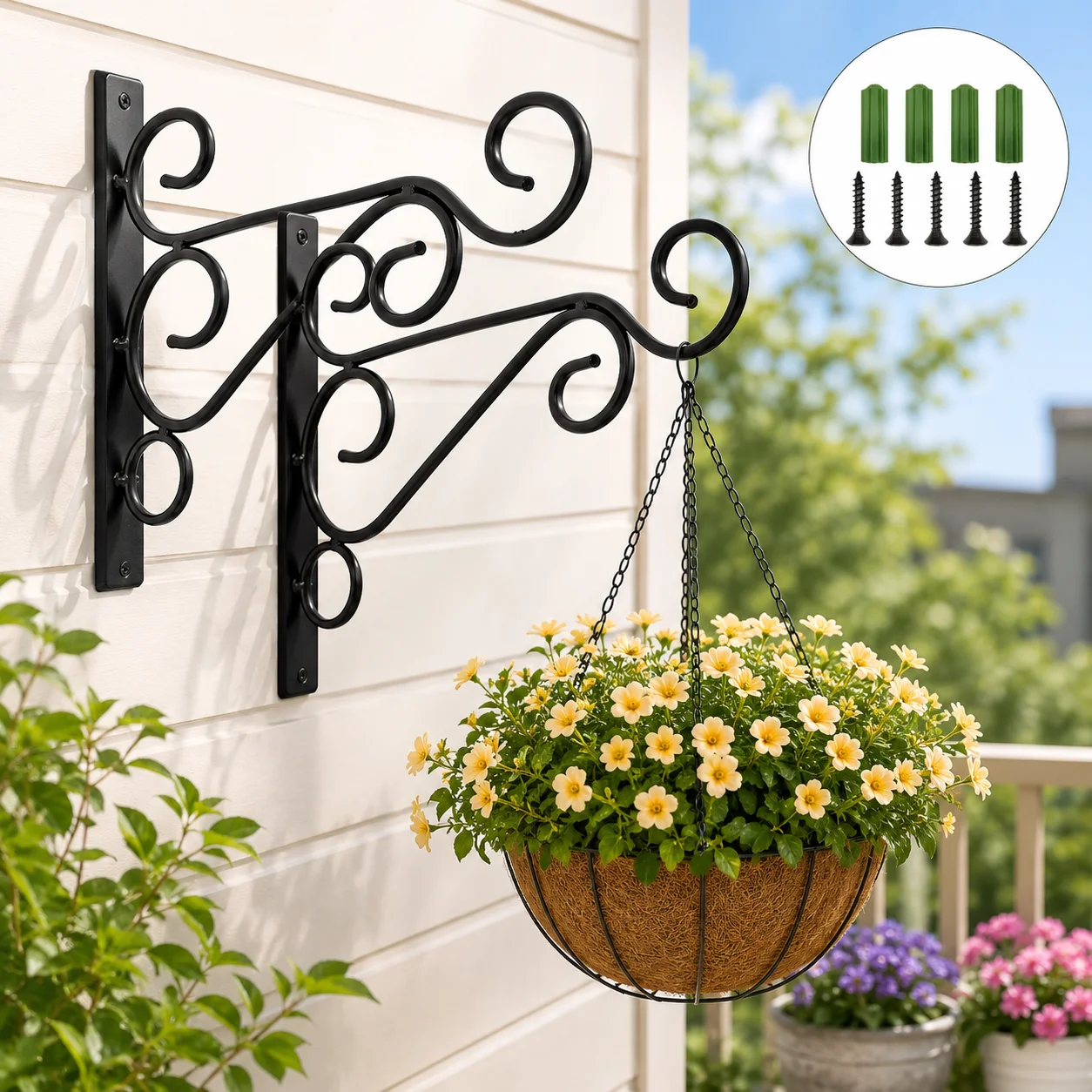 2 Stück Outdoor-Pflanzenständer zum Aufhängen, Blumentopfhalter, Wandpflanzgefäß-Aufhänger, rustikale Eisen-Wandhaken, Blumentopfhalter mit Schrauben Image