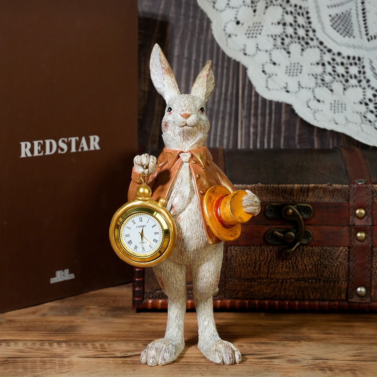 Vintage Alice im Wunderland Hasen-Figur aus Harz, Hase mit Taschenuhr, Tischdekoration, Heimdekoration, Geschenk für die Feiertage Image