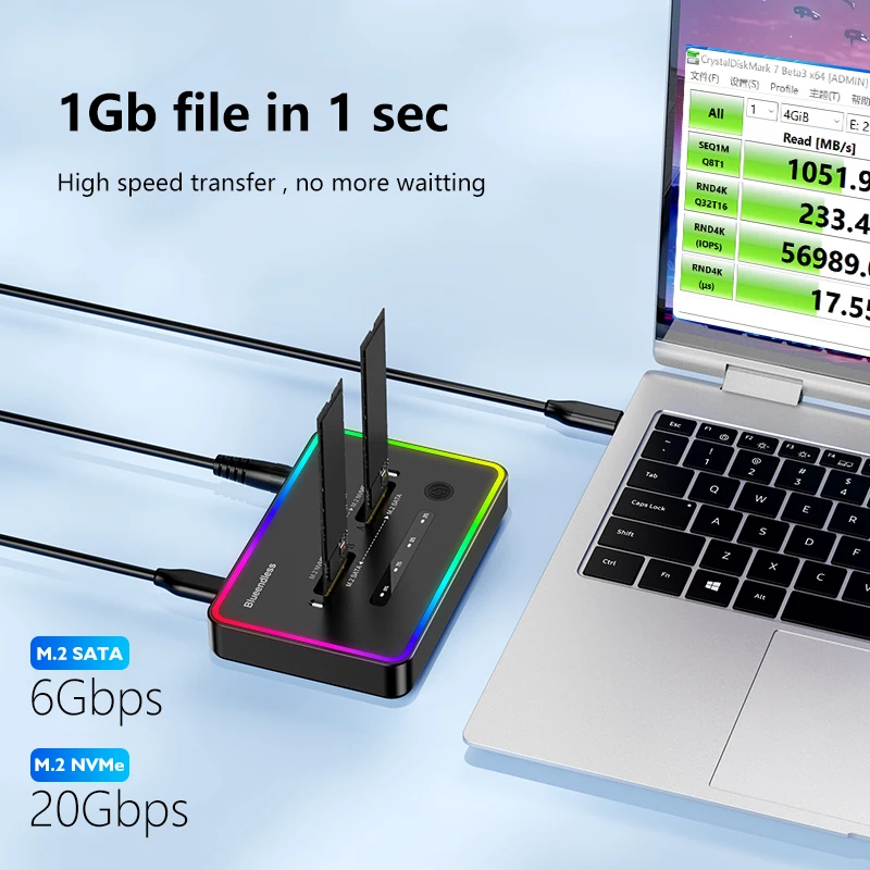 Blueendless Offline-Klon Dual Protocol M.2 SSD-Gehäuse SSD-Dockingstation Typ C 10 Gbit/s für PCIe NVME oder SATA 2-Bay SSD-Gehäuse Image