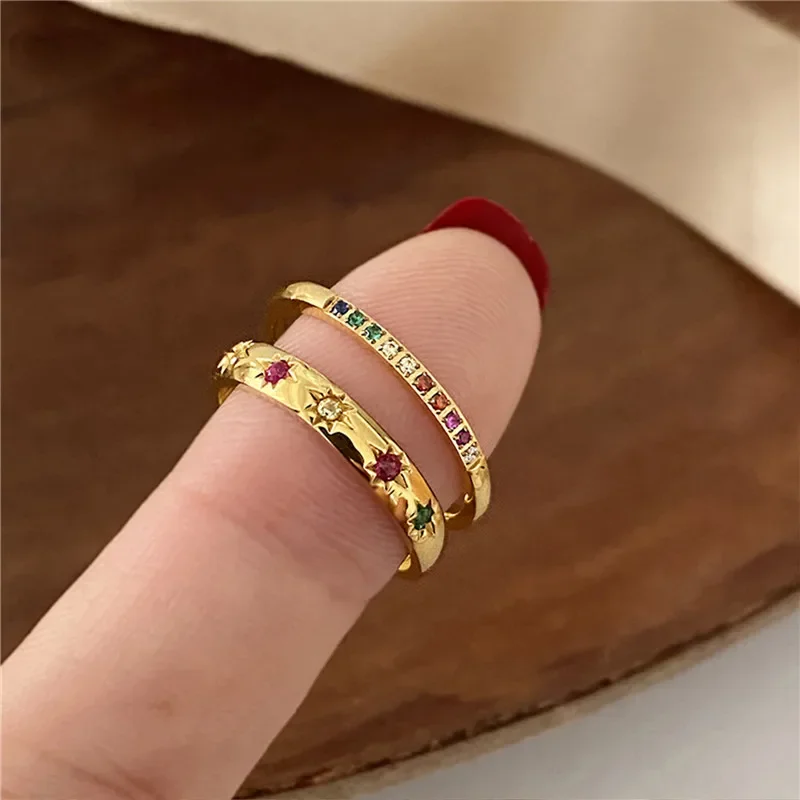 2 Teile/satz Edelstahl Regenbogen Farbe Kubikzircon Stein Finger Ringe für Frauen INS Gold Farbe Wasserdicht Sterne Ring Schmuck Image