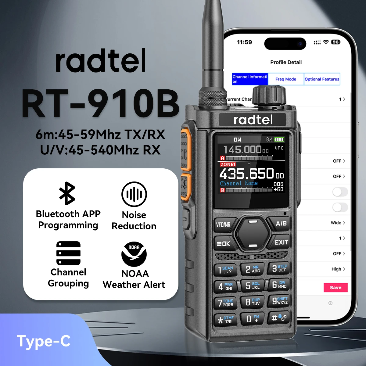 Radtel RT-910B Bluetooth App Programmierung und Rauschunterdrückung Amateurfunk 45-59 MHz TX RX Walkie Talkie Air Band NOAA Police Marine Image