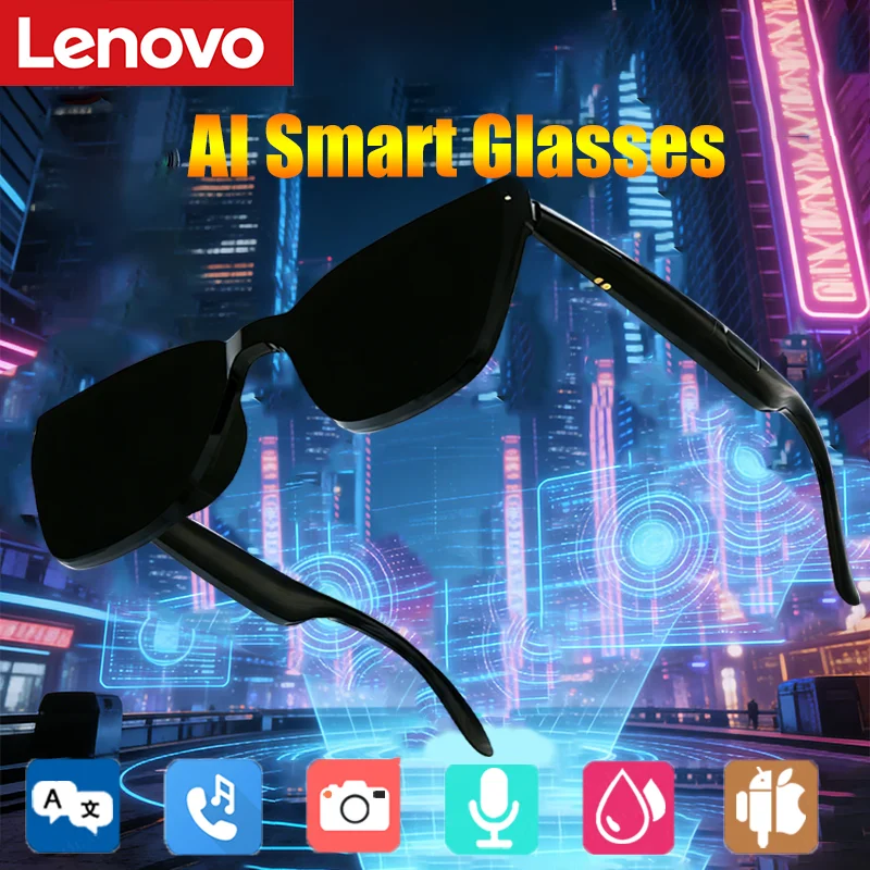 Lenovo Smart-Brille mit Fernbedienung, Touch-Funktion, Fotokamera, Übersetzer, Sprachassistent, Kabellose Bluetooth-Brille für Erwachsene Image