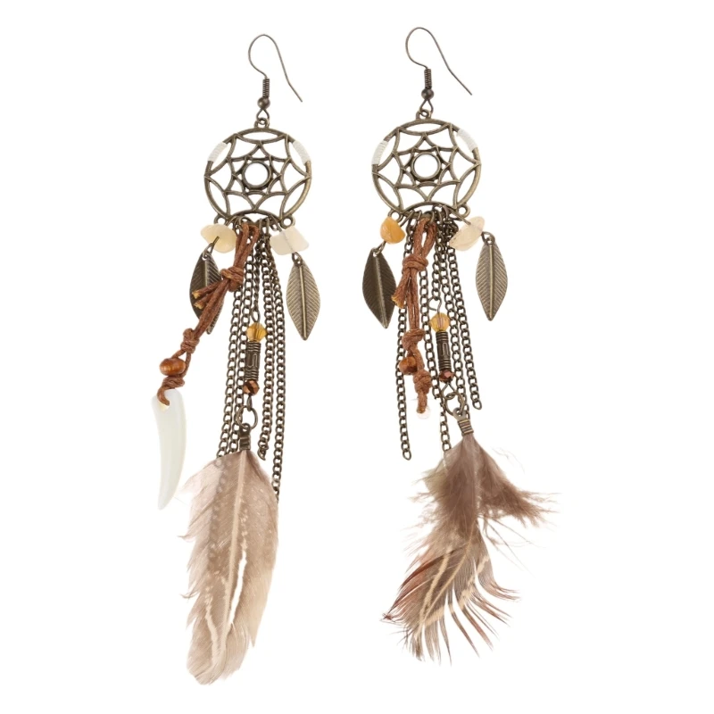 Boho ethnische Traumfänger Feder antike Haken Ohrringe handgemachte Quaste Ohrring Vintage baumeln Ohrringe Geschenk Image