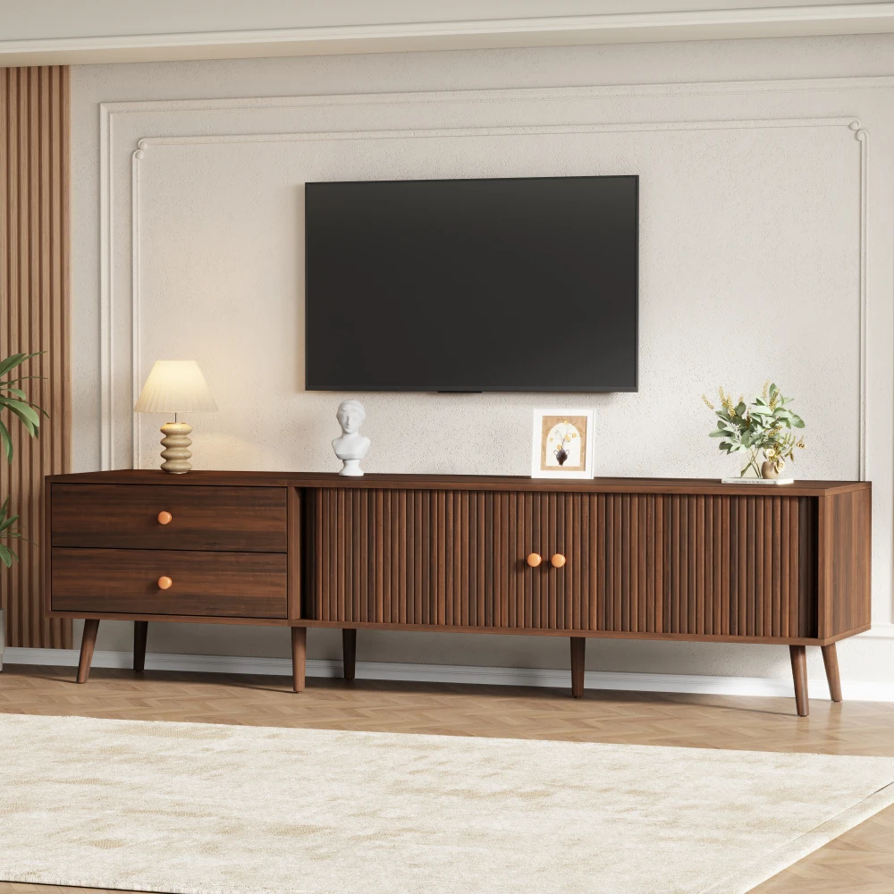 180x40x46,5cm TV-Schrank in Walnussholz-Optik, Fernsehständer mit 2 Schubladen, 2 Rolltüren und 7 Ständern, für Fernseher bis zu 80 Zoll Image