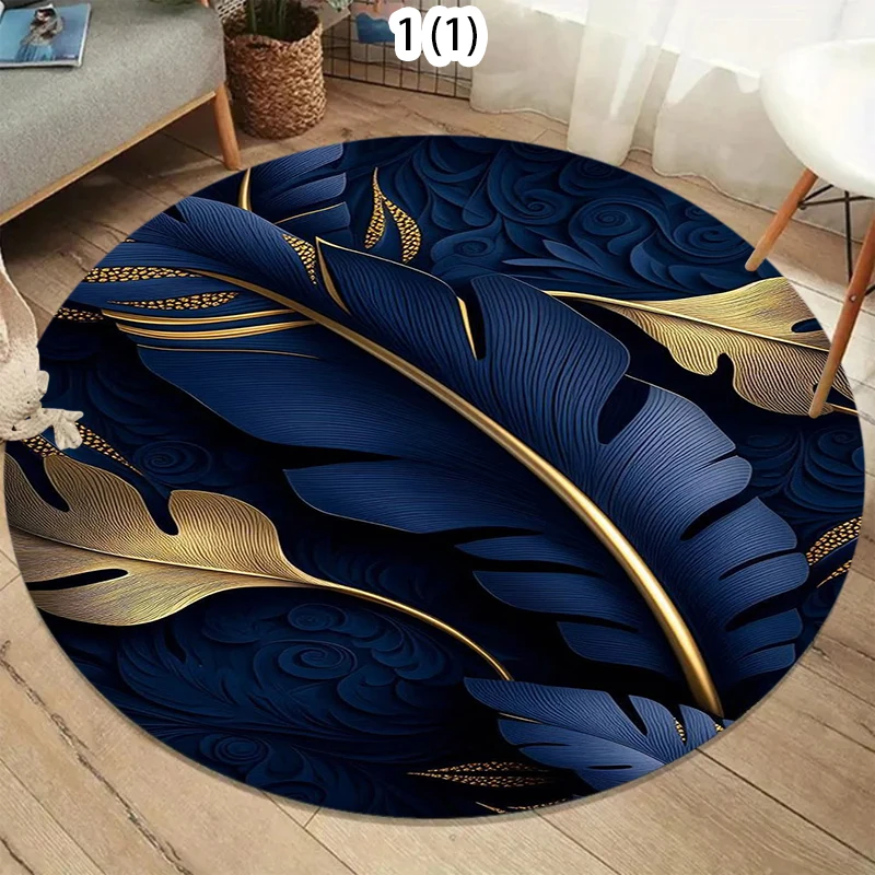 Dunkler Luxus-Rundteppich Weicher Teppich Bodenmatte Flächenteppich Rutschfest Marineblau Goldfolie Feder-Design für Wohnzimmer Minimalistisch Image