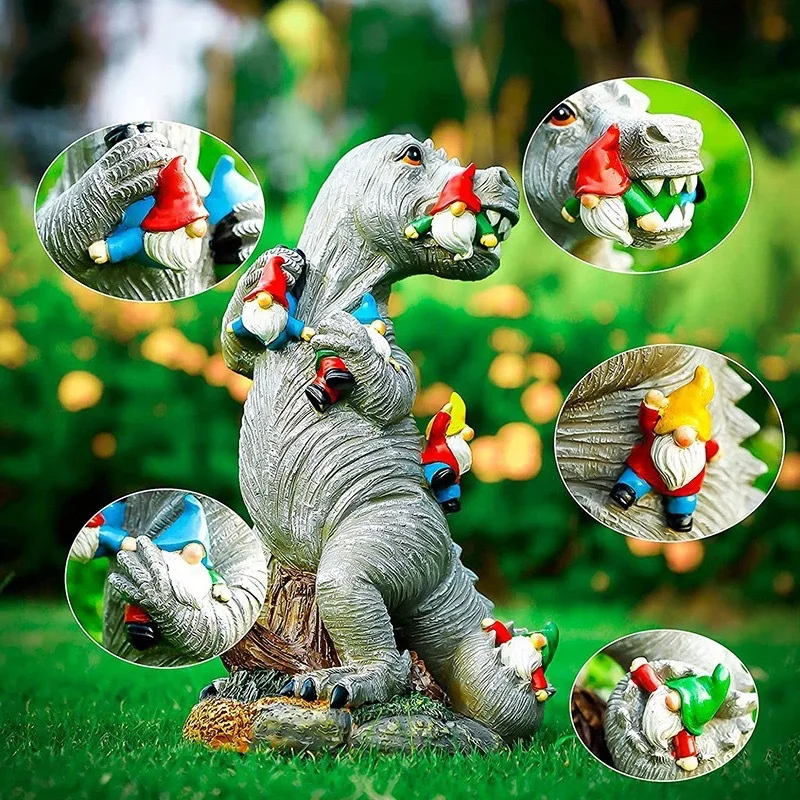 1 Stück Outdoor-Garten Zwergenfigur Dekoration Harz-Ornament Dinosaurier, der Zwerg frisst Garten-Kunstdekoration