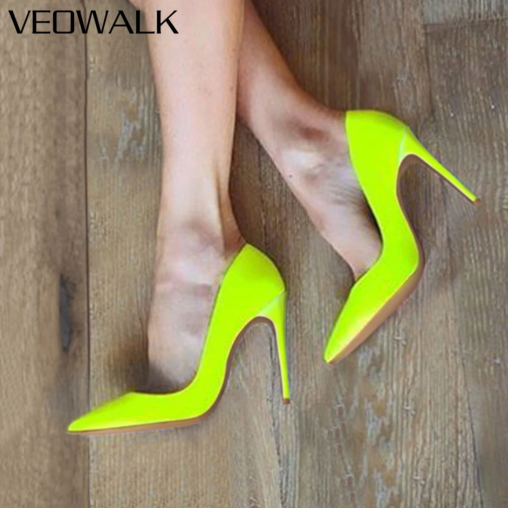 Veowalk Solide Gelb Grün Patent Frauen Spitz Stiletto Pumps Damen Hochzeit Party Hohe Ferse Schuhe Kleine Größe 33 44 45