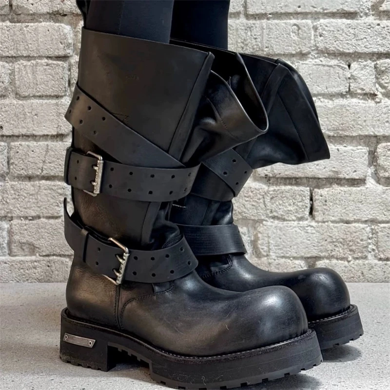 Schwarz Retro Metall Schnalle Frauen Stiefel Runde Kappe Dicken Boden Punk Coole Damen Motorrad Stiefel Nicht-Slip Botas Largas mujer