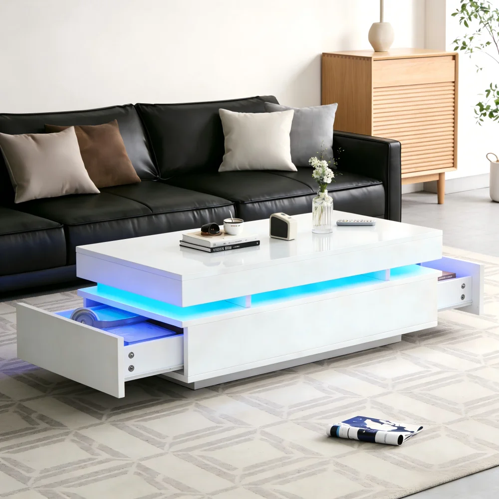 100x50x35cm Hochglanz-Couchtisch mit 2 Schubladen, USB-Stromversorgung und LED-Ambientebeleuchtung, Beistelltisch, Wohnzimmer-Sofatisch Image