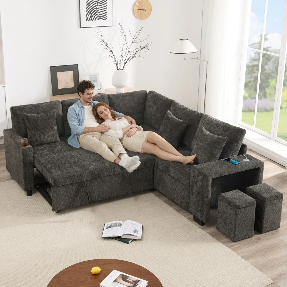 L-förmiges Schlafsofa, Ecksofa mit Schlaffunktion & Stauraum, Getränkehalter, Breite Armlehnen, Inkl. Kissen