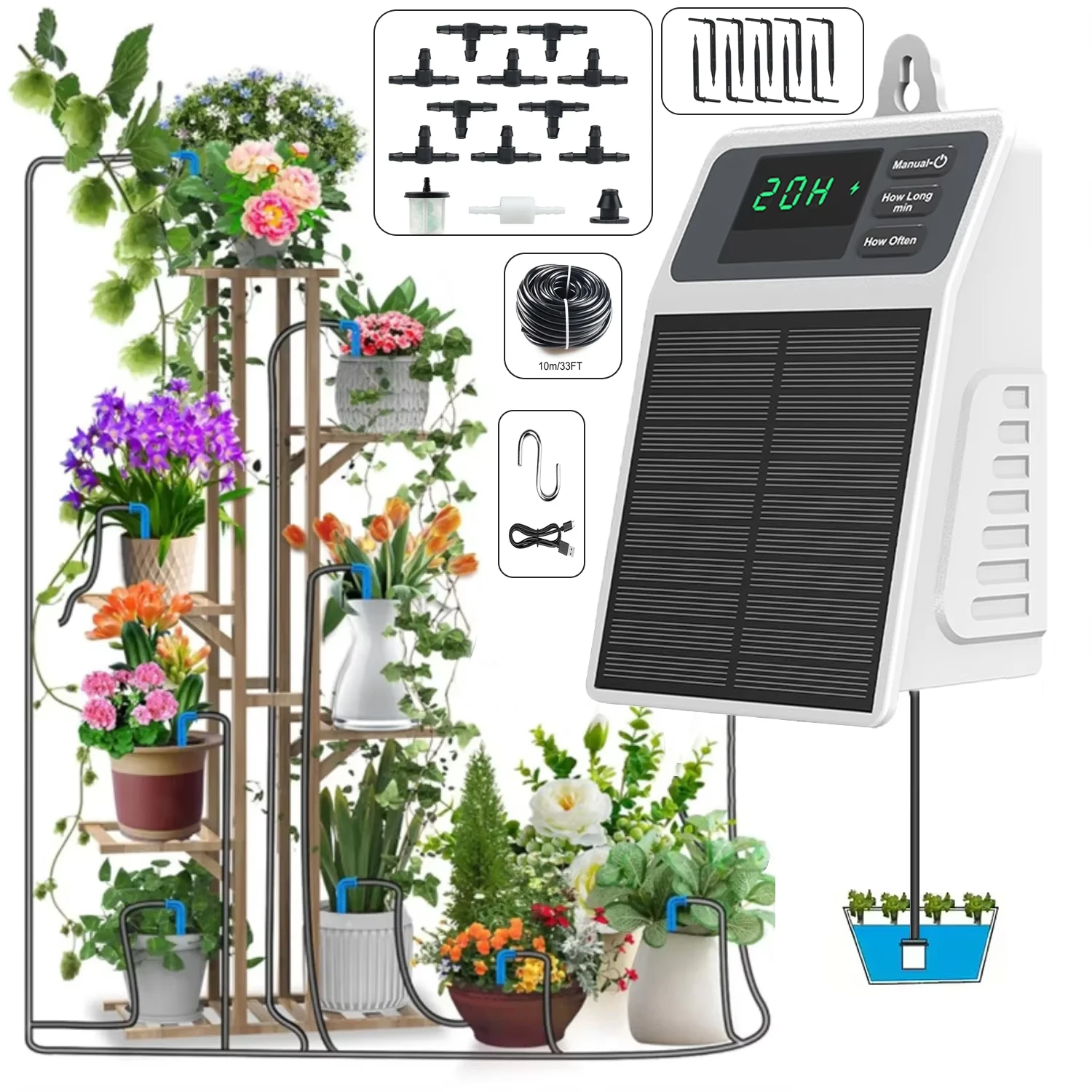 Solarbetriebenes automatisches Pflanzenbewässerungssystem, Gartengeräte und Pflanzbedarf, Outdoor-Bewässerungsset, zum Aufhängen, automatisch Image