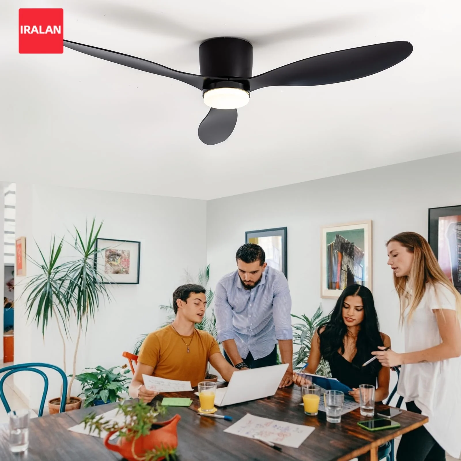 IRALAN Deckenventilator mit Lampe, Elektrischer Ventilator mit 6 Windgeschwindigkeiten, Fernbedienung, Deckenleuchte für Wohnzimmer und Schlafzimmer