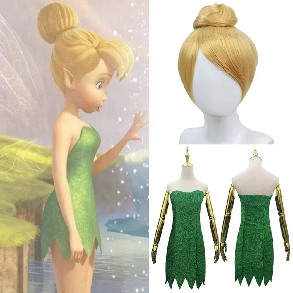 Anime Tinker Bell Cosplay Kostüm Grün Kleid Anzug Fräulein Mini Rohr Sexy Uniform Und Perücken Set Halloween Für Frauen Cosplay Kostüm
