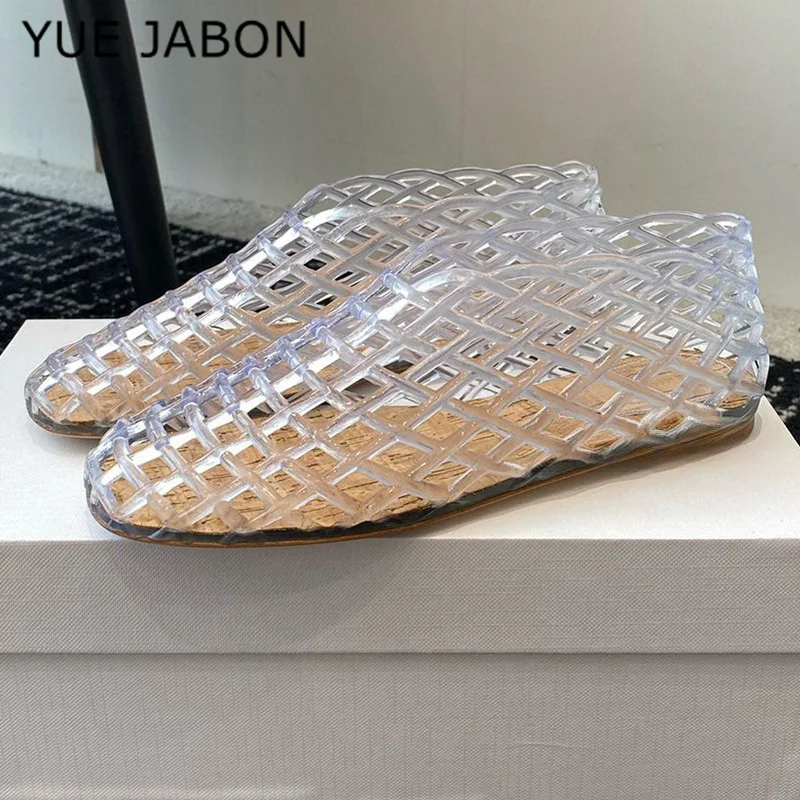 Neue Sommer Kunststoff Gelees Einzelnen Schuhe Frauen Woven Mesh Ballerinas Sandalen Runde Kappe Transparent Hohl Design Strand Schuhe