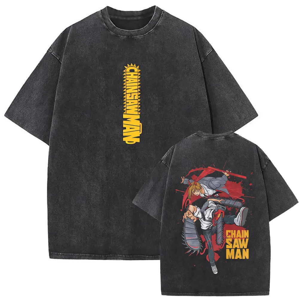 Anime Chainsaw Man Vintage T-Shirt mit Lustigem Cartoon-Print von Denji und Pochita für Männer und Frauen Manga Casual T-Shirts Image