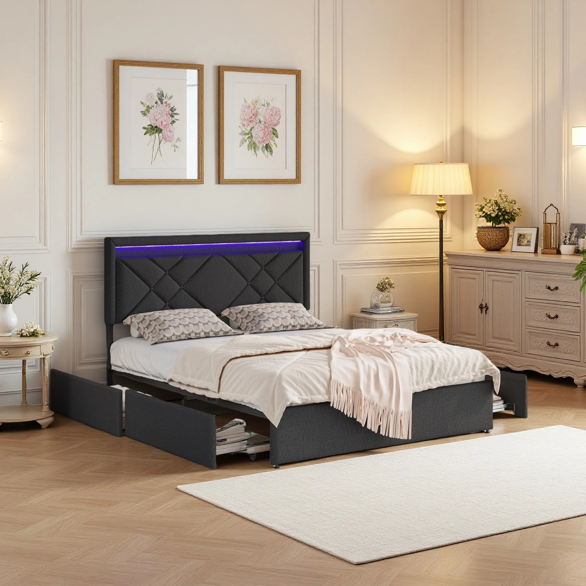 Polsterbett 160x200 cm mit 4 Schubladen Stauraum, Doppelbett mit LED Kopfteil und USB Anschluss, Bettgestell mit Holz Lattenrost, Stauraumbett Jugendbett für Schlafzimmer, Ohne Matratze, Dunkelgrau