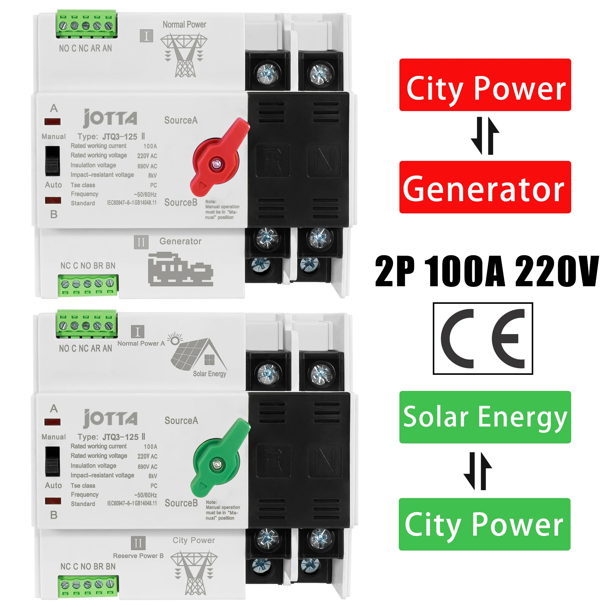 JOTTA Automatischer Transferschalter Mini-Größe ATS 2P 100A 220V Umschalter City Power zu Generator/Wechselrichter zu City Power