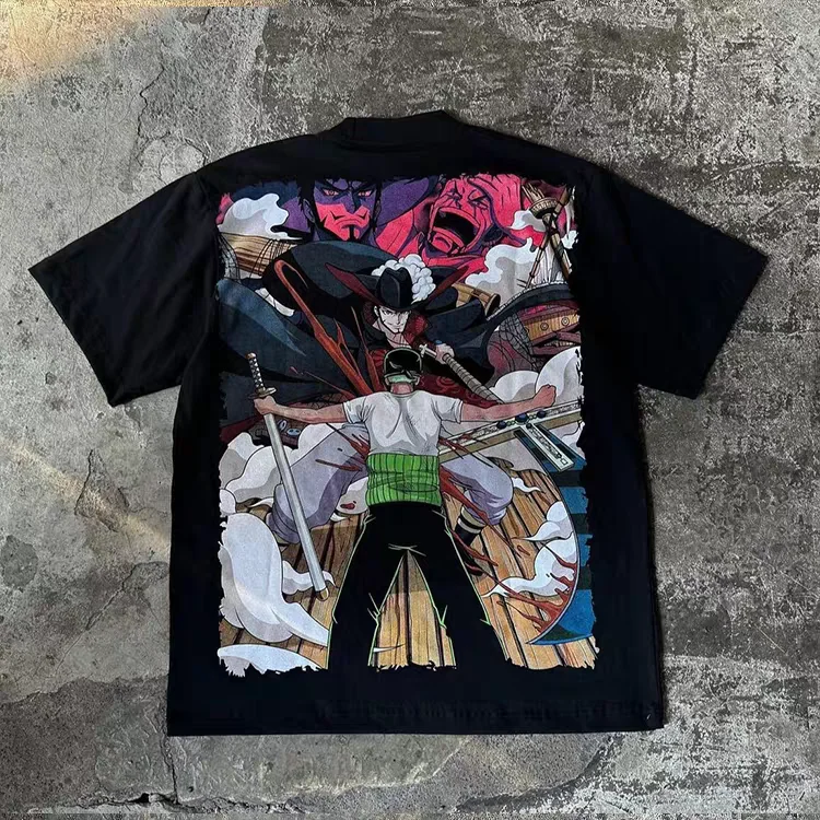 2026 Sommer One Piece Zoro vs Mihawk Retro Baumwoll-Print T-Shirt, Atmungsaktives Freizeit-T-Shirt für Erwachsene und Kinder, Anime-Fans Kurzarm-Oberteil Image