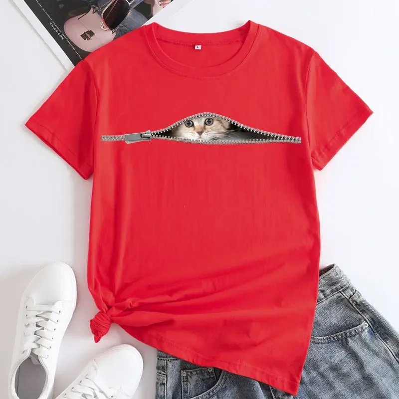 Cotone 100% Plus Size Cat Print Modal Girocollo T-shirt da donna a maniche corte Top T-shirt grafiche Abbigliamento T-shirt oversize