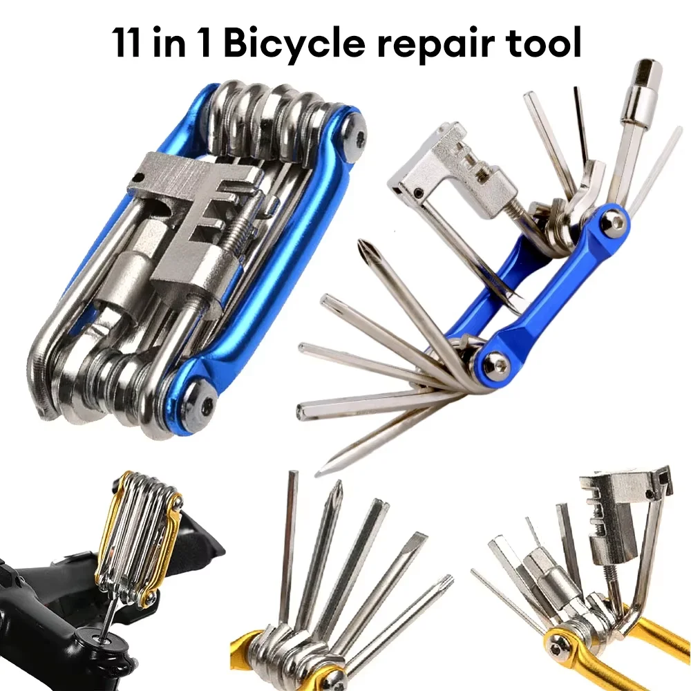 Kit d'outils de réparation de vélo 11-en-1, clé à molette, tournevis, outil de chaîne, outil à rayons hexagonaux, ensemble multifonctionnel pour VTT, kit d'outils de cyclisme