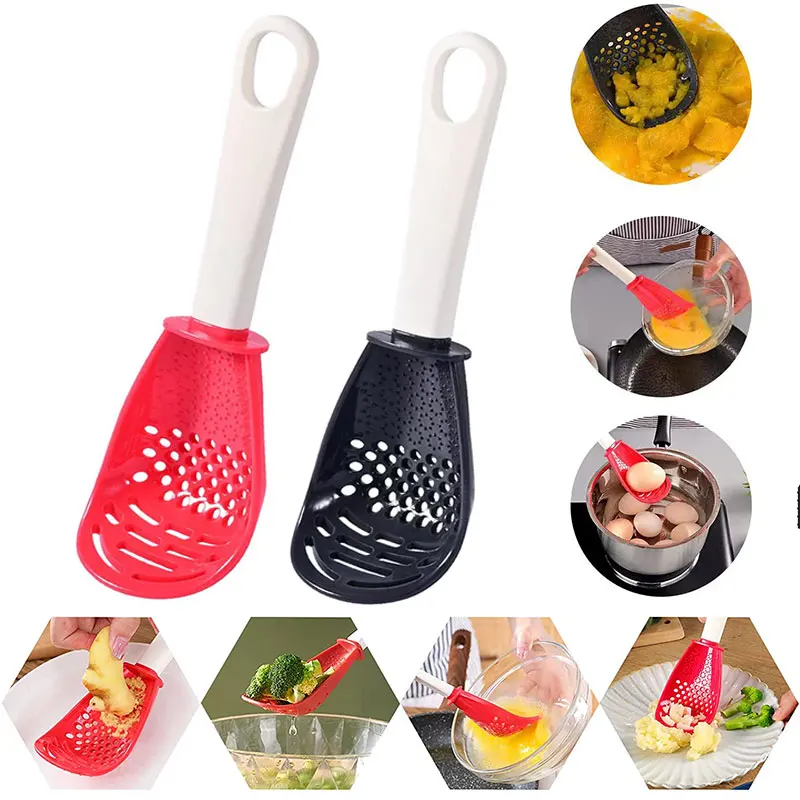Cuillère de cuisine multifonctionnelle, passoire de cuisine, cuillère pour couper l'ail, trou de suspension, presse à pommes de terre innovante, accessoire de cuisine