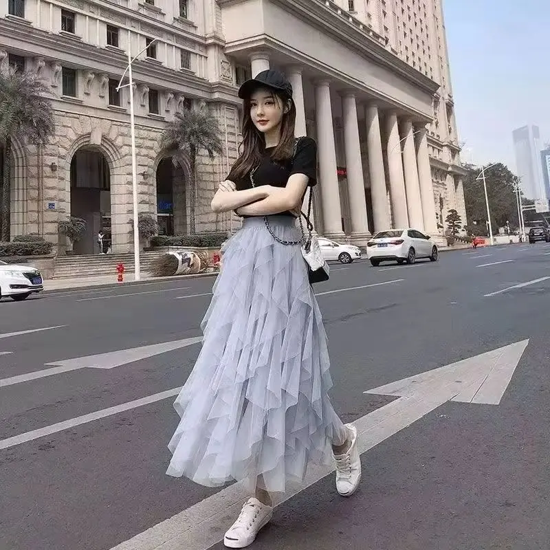 Jupes en tulle irrégulières pour femmes, jupe tutu en maille à taille haute élastique, jupes longues plissées, jupe midi, Saias Faldas Jupe Femme