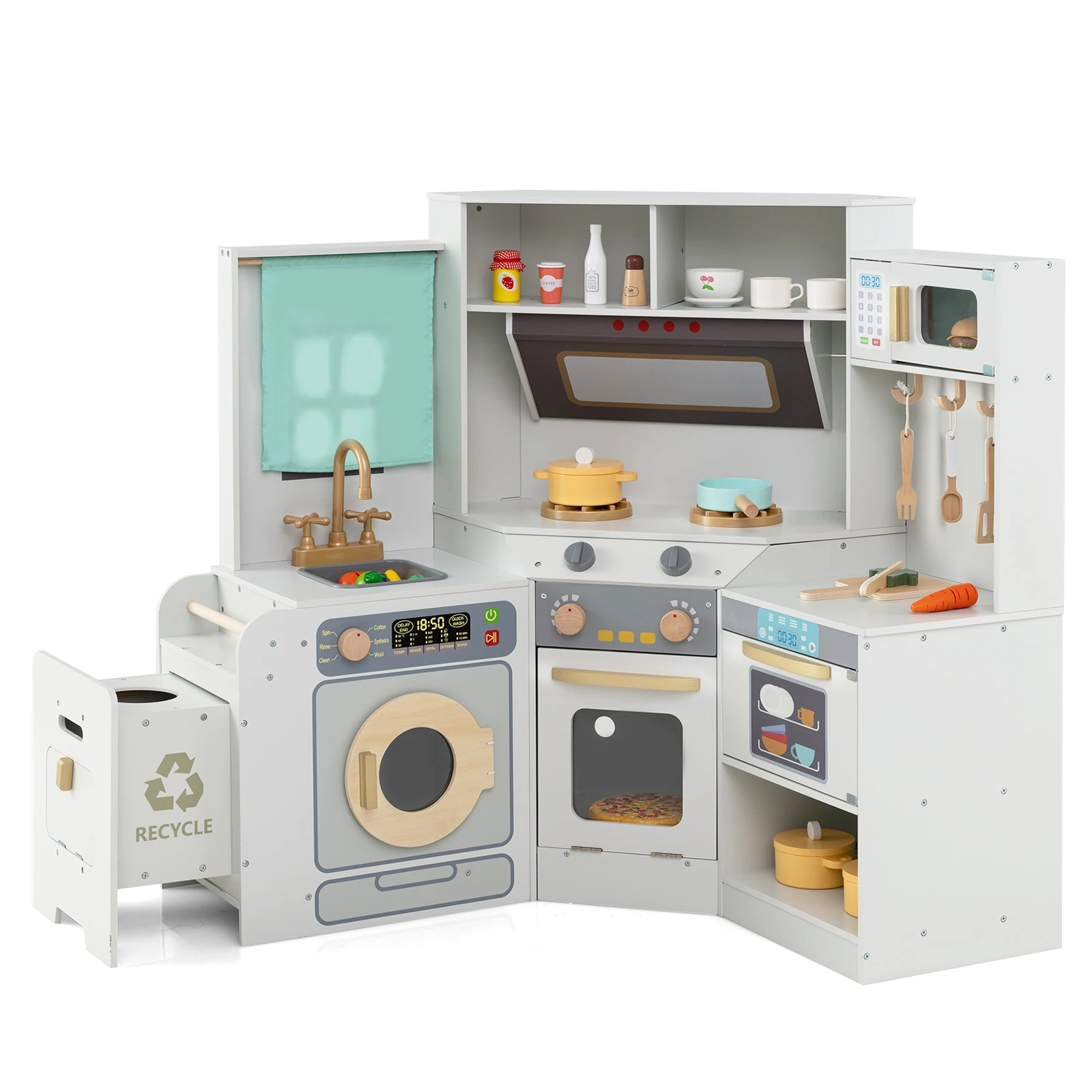 Cuisine pour enfants avec accessoires de cuisine, cuisine de jeu d'angle avec lumière et son, cuisine en bois avec bac coulissant