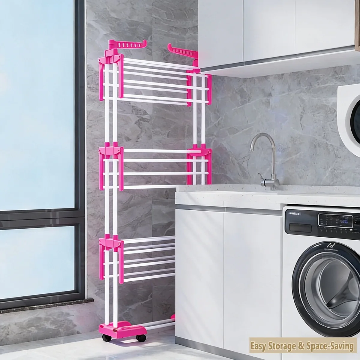 Clothes Airer 4 Tiers Clothes Drying Rack, Foldable Laundry Rack with Casters for Indoor and Outdoor Air Drying Clothing