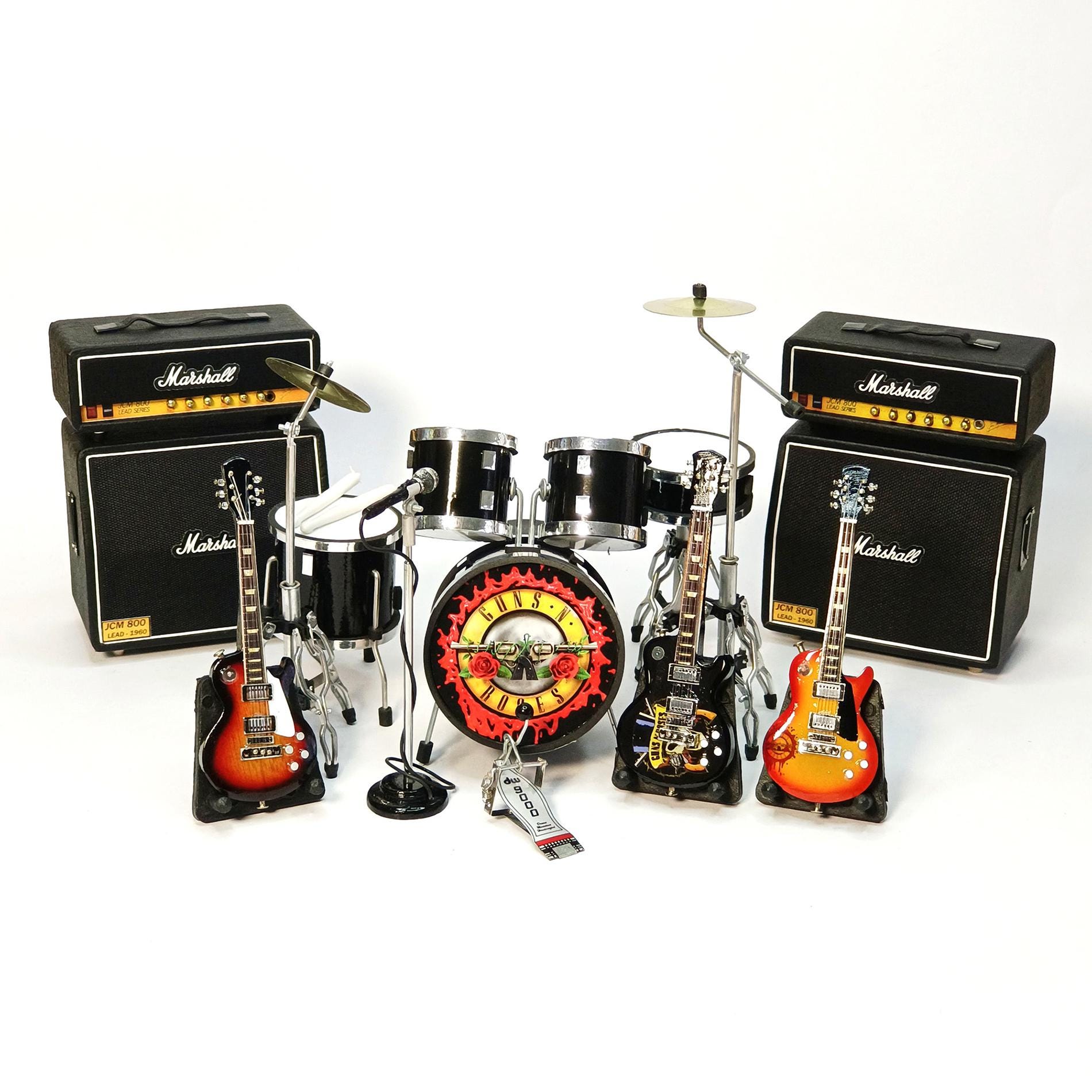 Miniatura di batteria Guns N Roses GNR con chitarre e set amplificatore 1:12 / Replica realistica di mini batteria / Strumento regalo di compleanno pe