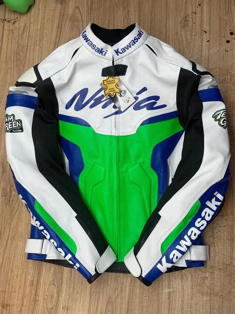 Giacca in pelle da corsa Kawasaki Ninja ZX-10R / Giacca da motociclista in vera pelle di mucca / Abbigliamento da motociclista verde squadra