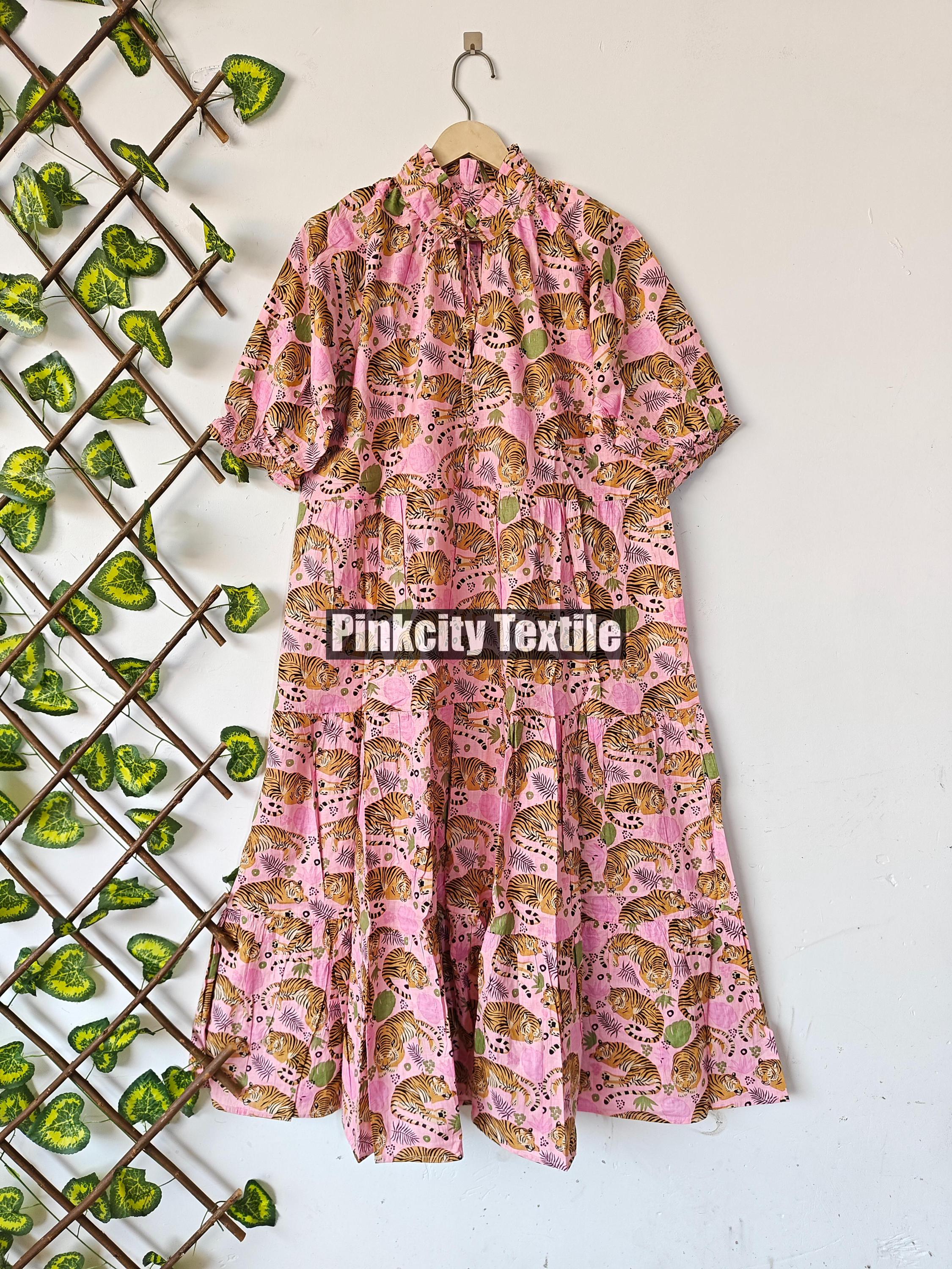 Nuovo abito indiano stampato, tradizionale abito lungo in cotone stampato a blocchi, abito lungo lungo - manica a 3/4 con bottone, abito lungo da fest