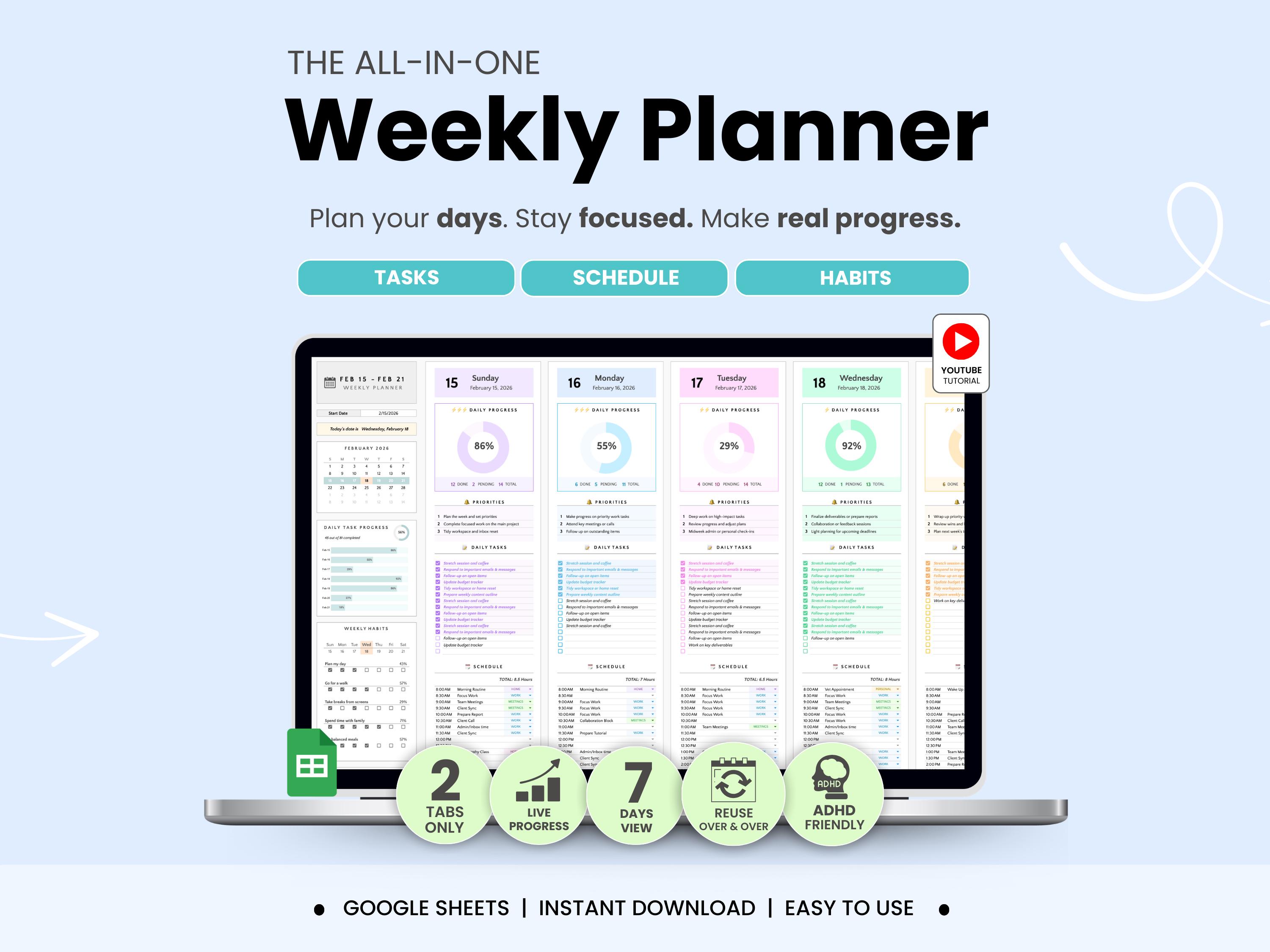 Planner giornaliero e settimanale Fogli Google Planner per la produttività ADHD Modello di pianificazione a blocchi di tempo Abitudini Tracker delle a