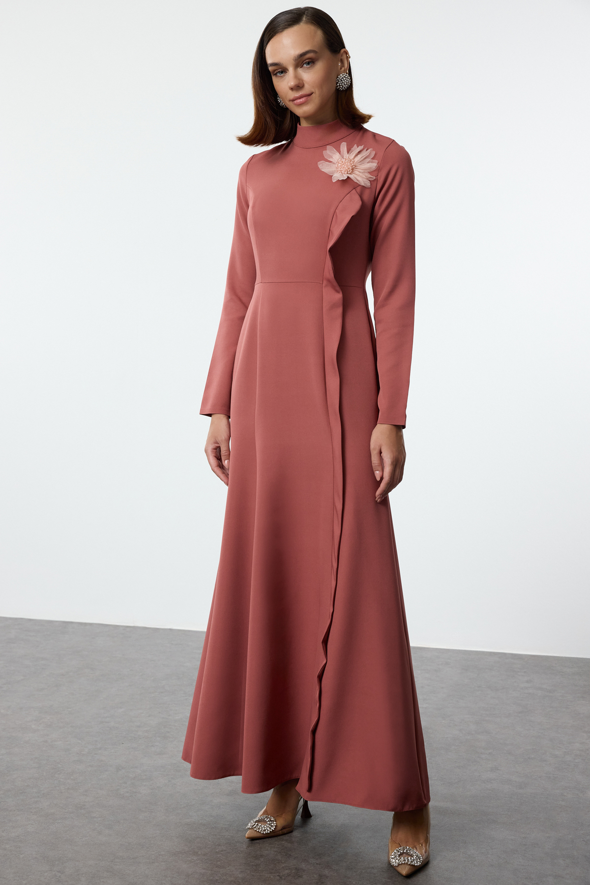 Langes, elegantes, figurbetontes, modisches Abendkleid in Rosa, Unifarben