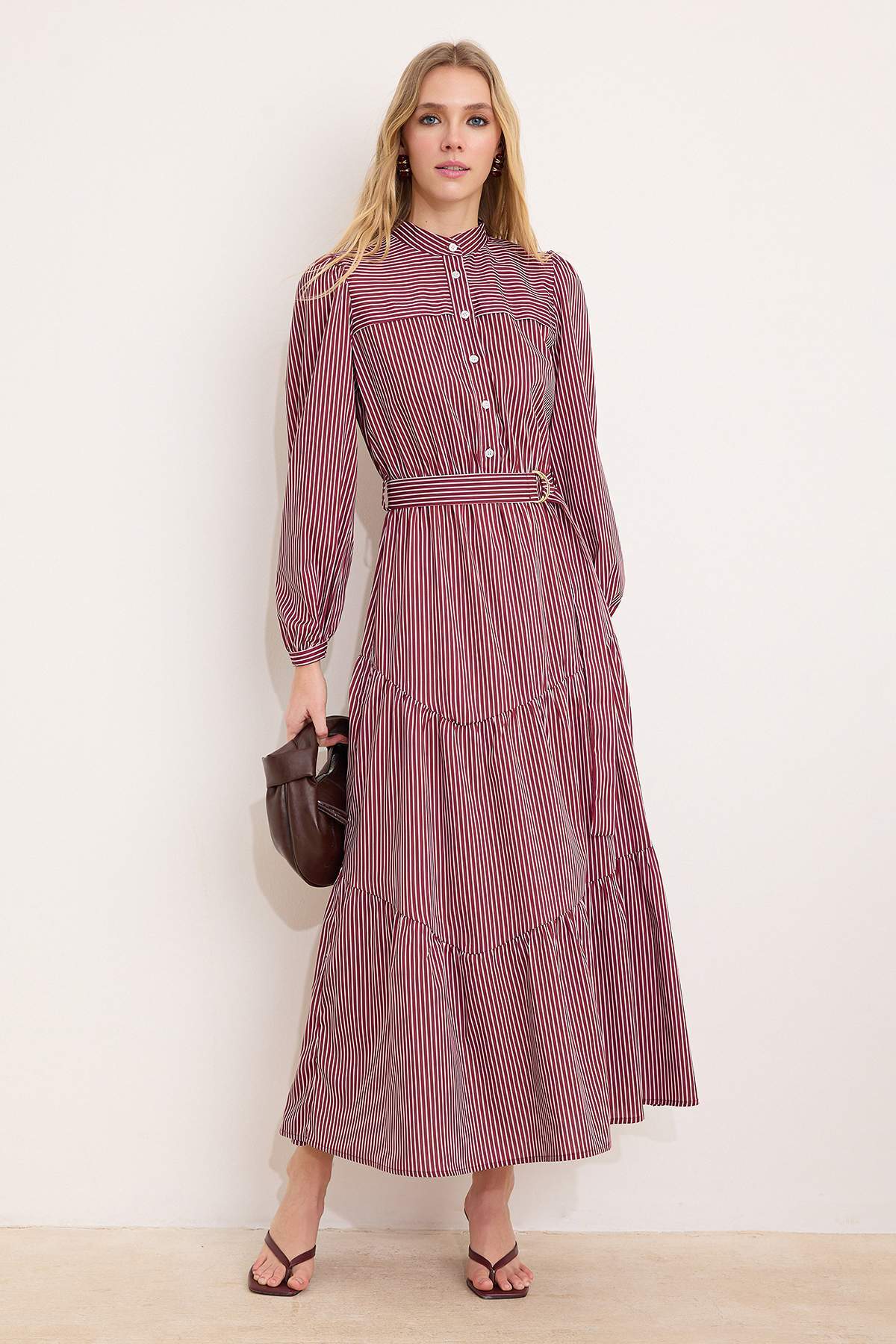 Gestreiftes, langes Maxikleid für Damen, lässig/alltagstauglich, A-Linie, Hijab-Stil