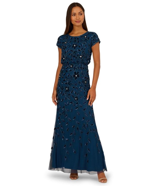 Boat-neck Blouson Beaded Gown - Blue - Adrianna Papell Dresses
