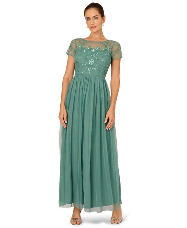 Petite Beaded Mesh Maxi Dress - Green - Adrianna Papell Dresses
