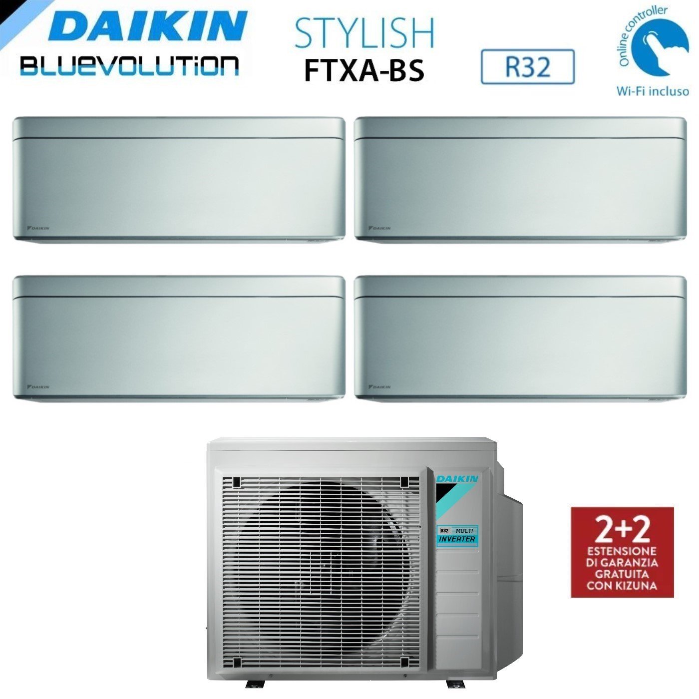 Daikin - Climatizzatore Condizionatore Bluevolution Quadri Split Inverter Serie Stylish Total Silver Ftxa-bs 9+9+9+12 Con 4mxm80n R-32 Wi-fi Integrato 9000+9000+9000+12000 Colore Grigio Garanzia Italian